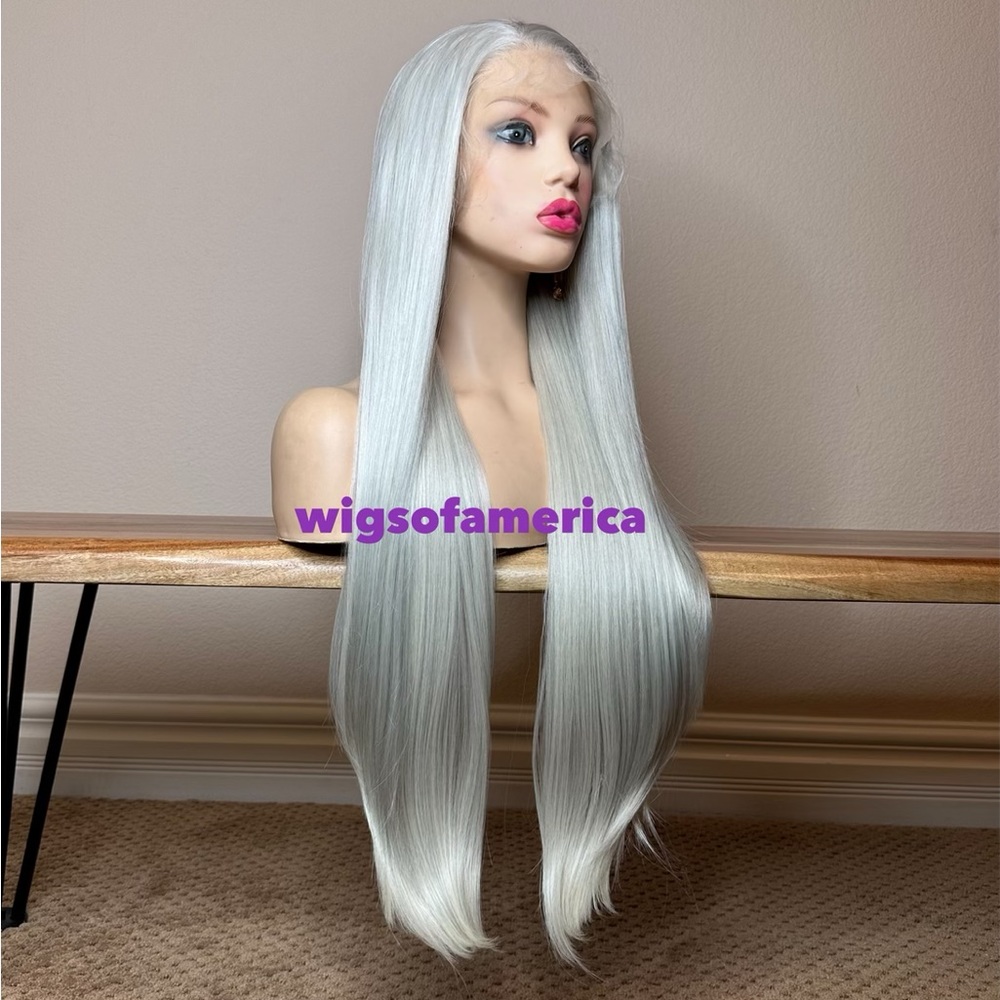 Light grey straight wig lace frontal 32 inch long free part